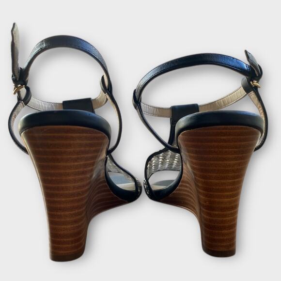 Cole Haan Maddie Open Toe Wedge Sandal US 9 Black Brown Woven Boho Chic Neutral - Picture 6 of 11